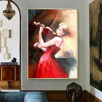 Висококачествена, ръчно рисувани с маслени бои, момиче свири на цигулка, модерна стенни картини, декорация на дома, хол, коридор, пасаж