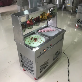 Машина за производство на печени йогуртового сладолед в тайландски стил, машина за производство на печени на сладолед, на роли с 2 квадратни горшочками и пет малки чашами от неръждаема